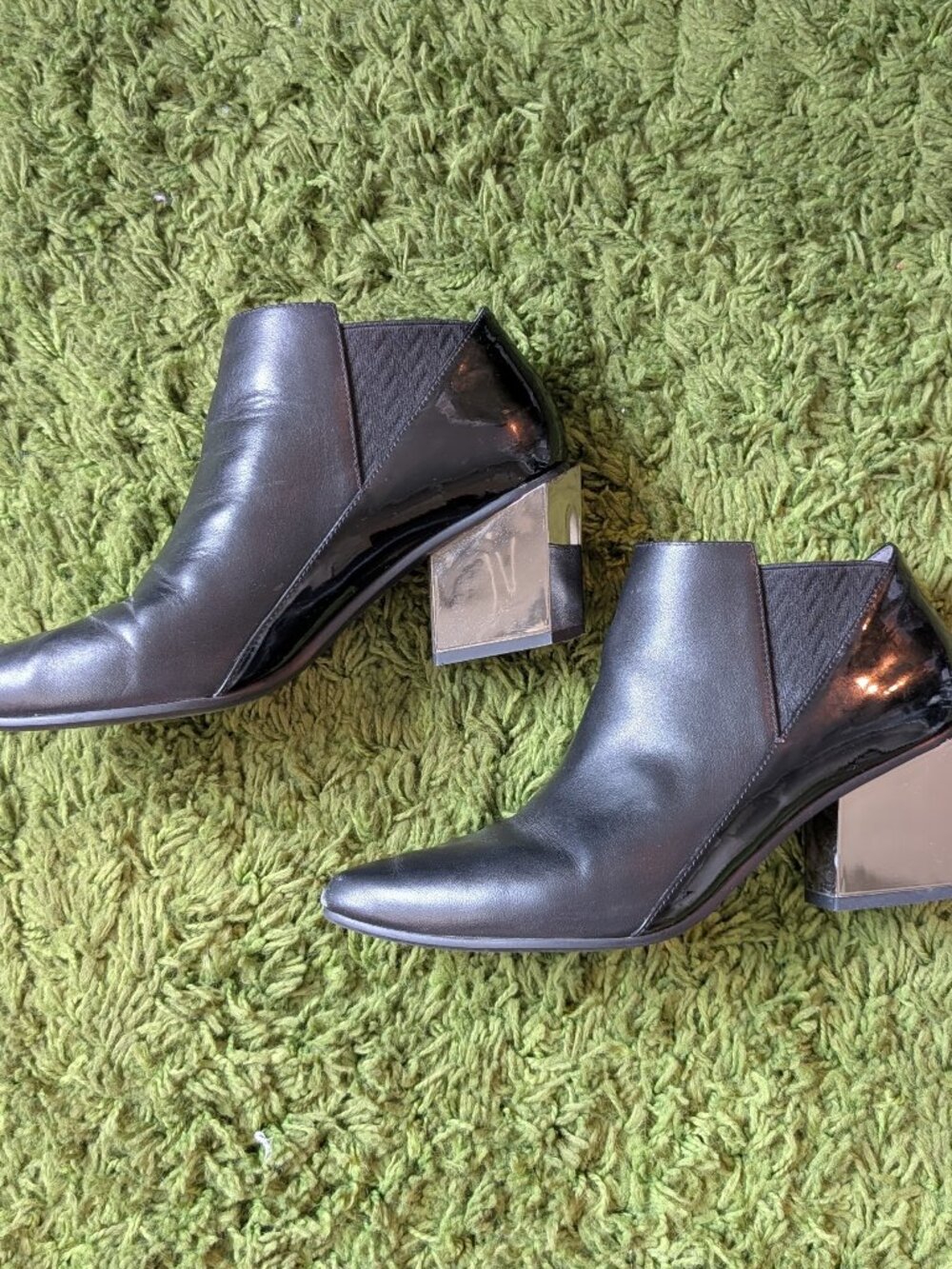 UNITED NUDE black leather & patent ankle boots with silver chunky heels, size 38